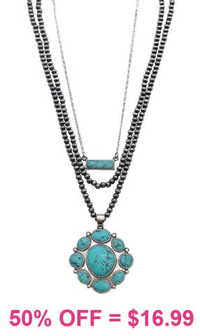 Silver beaded 3 layer necklace with Turquoise pendant