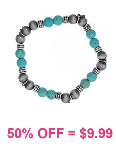 Turquoise & Silver navajo pearl like beaded stretch bracelet