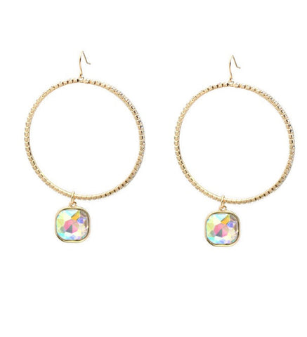 Gold Bling Hoop Earrings with Dangle Crystal Rhinestone Charm
