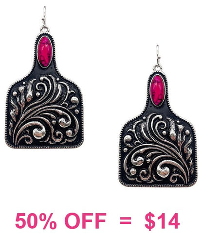 Silver tooled cattle tag earrings with Pink stone