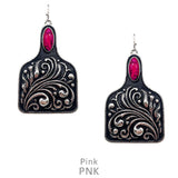 Silver tooled cattle tag earrings with Pink stone