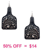 Silver tooled cattle tag earrings with Black stone