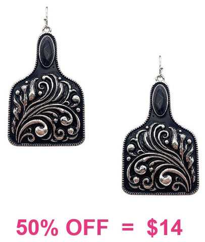 Silver tooled cattle tag earrings with Black stone