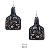 Silver tooled cattle tag earrings with Black stone