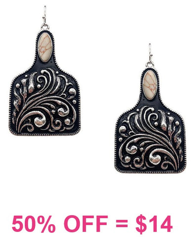 Silver tooled cattle tag earrings with Cream stone