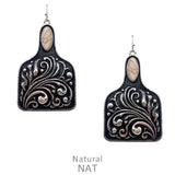 Silver tooled cattle tag earrings with Cream stone