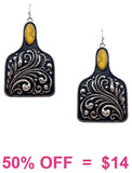 Silver tooled cattle tag earrings with yellow stone