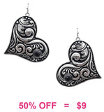Silver Tooled Heart earrings Black stone