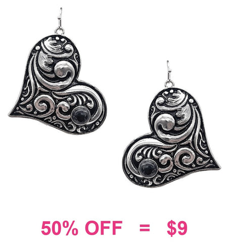 Silver Tooled Heart earrings Black stone