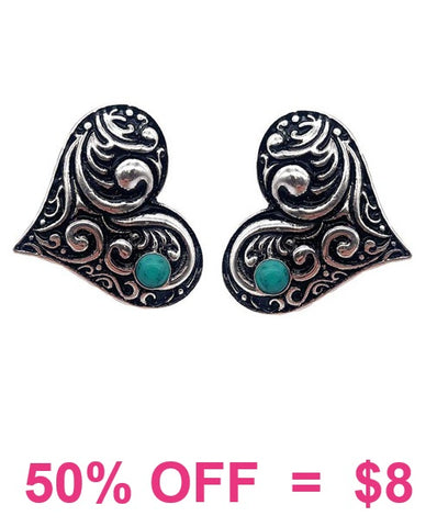 Silver Tooled Heart stud earrings Turquoise stone
