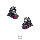Silver Tooled Heart stud earrings pink stone