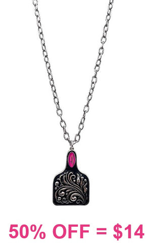 Silver tooled cattle tag necklace with Pink  stone