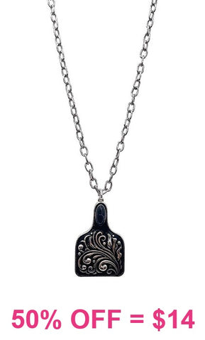 Silver tooled cattle tag necklace with Black stone