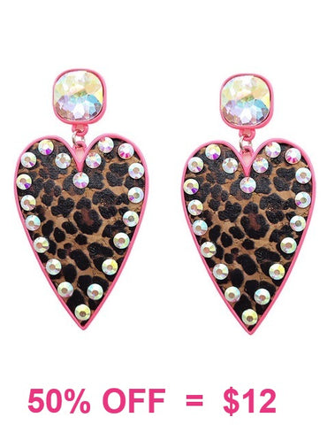 Leopard Heart Rhinestone post Earrings Neon Pink trim