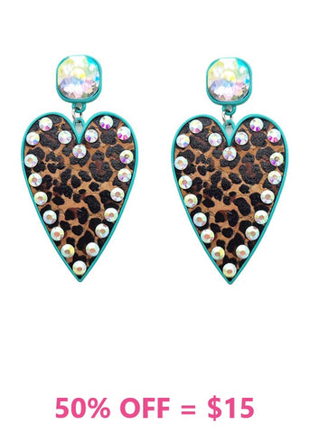 Leopard Heart Rhinestone post Earrings Turquoise trim