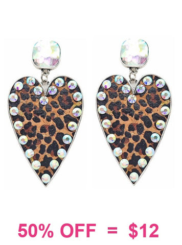 Leopard Heart Rhinestone post Earrings Silver trim