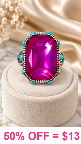 Pink rectangle bling ring turquoise stone trim