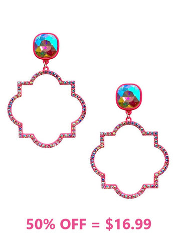 Bling Rhinestone Quatrefoil PINK outline earrings