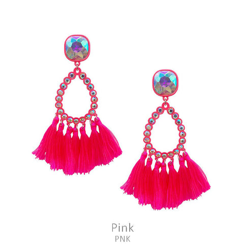 Neon Pink Bling Teardrop Earrings with Tassels