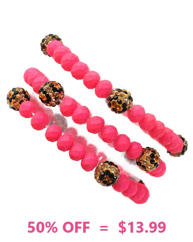 Neon Pink & Leopard beaded bracelet 3 pc set