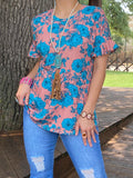 Turquoise Floral Dusty Rose top with ruffle short sleeves