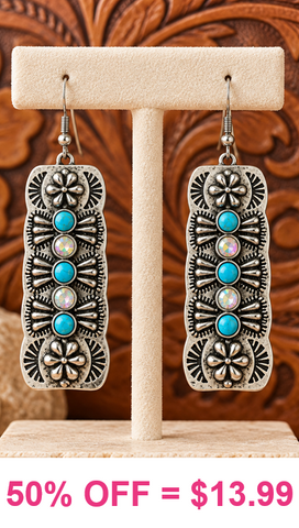 Silver rectangle earrings with bling & turqiose stones