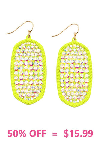 Bling Paved Rhinestone Neon Yellow oval earrings