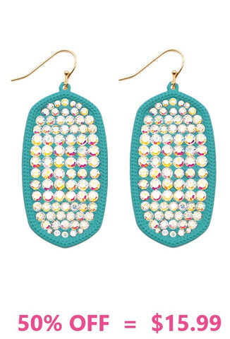 Bling Paved Rhinestone Turquoise oval earrings