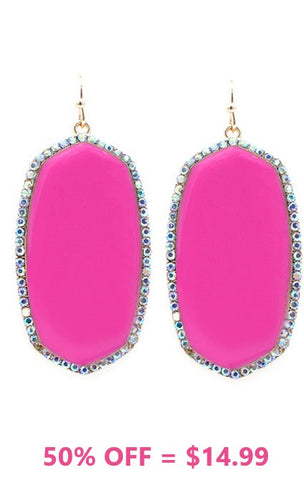 Neon Pink Oval Earrings with bling trim