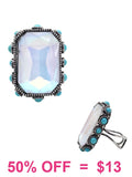 White bling rectangle ring turquoise stone trim