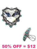 Bling Heart White Iridescent stone ring with turquoise and silver setting