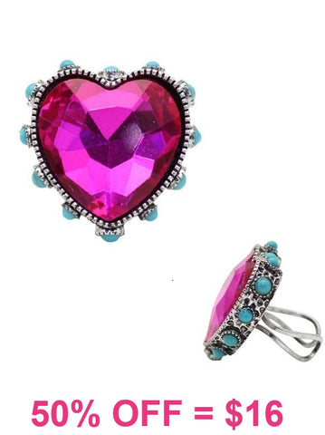 Pink Bling Heart stone ring with turquoise and silver setting