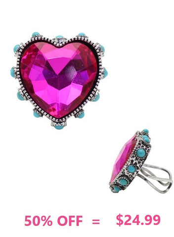Pink Bling Heart stone ring with turquoise and silver setting