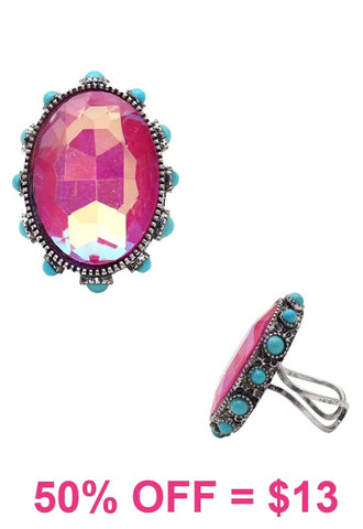 Pink oval bling ring turquoise stone trim