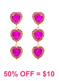 Fuchsia Pink heart triple dangle earrings