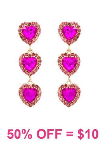 Fuchsia Pink heart triple dangle earrings