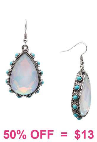 White Bling teardrop earrings with turquoise stone trim