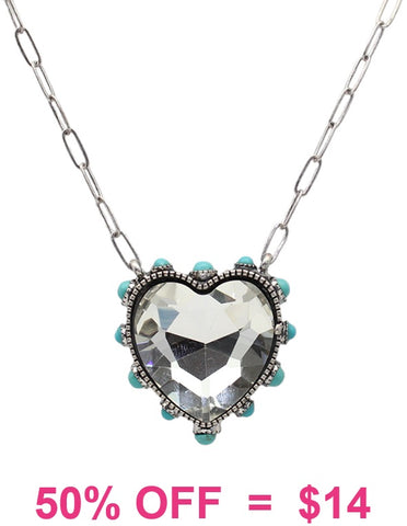Clear bling heart necklace turquoise stone trim