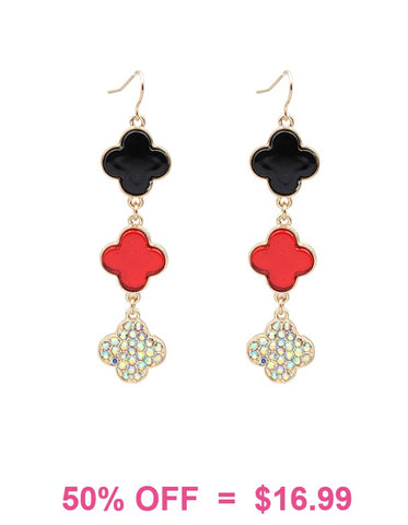 Black, Red, Bling clover triple dangle earrings