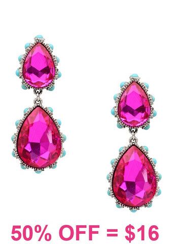 Pink Bling Dangle teardrop earrings with turquoise stone trim
