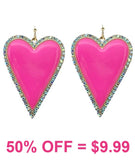 Neon Pink Heart earrings with bling trim