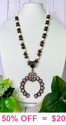 Single Strand Cream & Copper Navajo Pearl Beaded Necklace with bling squash pendant