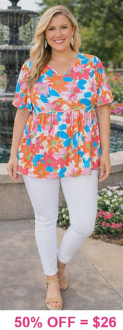 Blue, Orange, Pink Floral Baby Doll Top