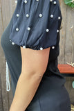2X, 3X Black Top with pearl bubble sleeve