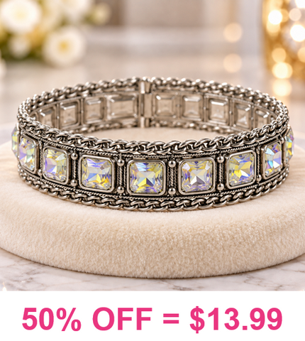 Bling Square stones, Silver trim, stretch bracelet