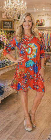S, M  : Tangerine Floral Flutter Dress with Criss Cross Neck