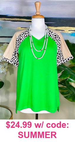 Lime Green Top with cream & white leopard sleeves
