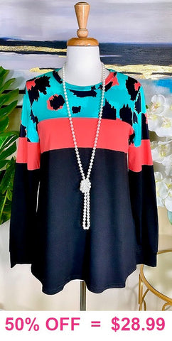 Turquoise Leopard, Coral, Black long sleeve top