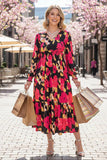 S, M, 3X : Black & Pink Floral Long Sleeve Dress