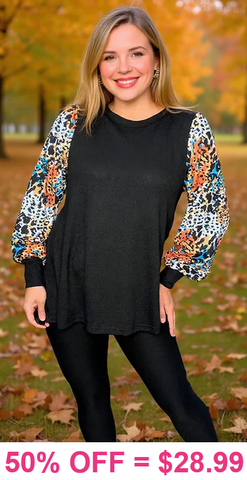 Black Top with Leopard bubble sleeves